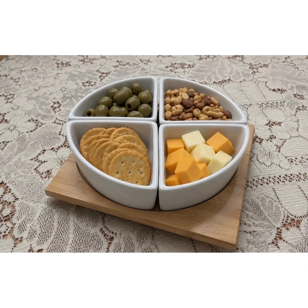 Alex Liddy Porcelain 4 Section Serving Set with Wooden Lazy Susan Turntable Base